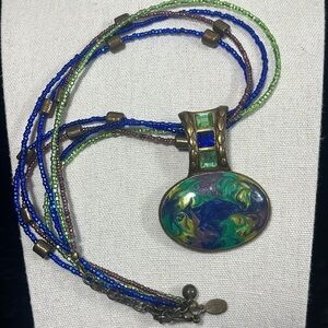 Chico's Bohemian Multistrand Seed Beaded Necklace and Glossy Painted Pendant.